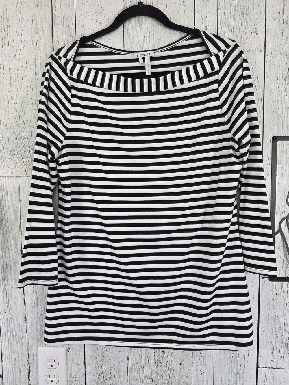 Manoukian Black & White Striped Stretch Top Size L Business Office Casual